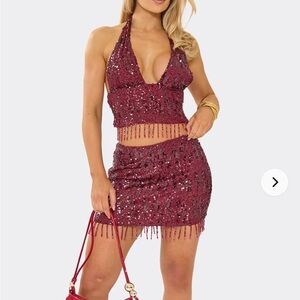 Sequin Fringe Two-Piece Halter Crop Top & Mini Skirt Set - Burgundy